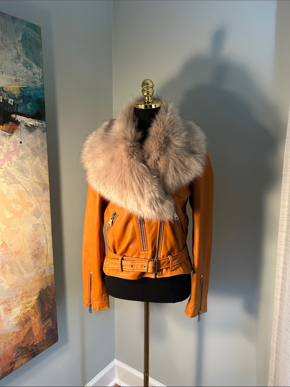 Amaryllis Orange Leather Jacket with Beige Fur Collar